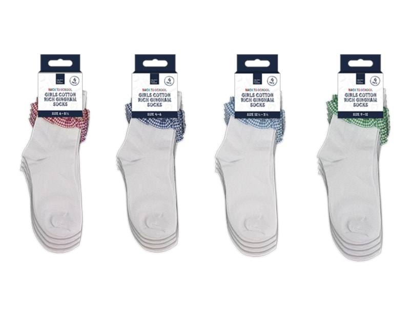 Wholesale Girls Cotton Rich Gingham Socks 4pk 4 asstd sizes Wholesale Girls Cotton Rich Gingham Socks 4pk 4 asstd sizes