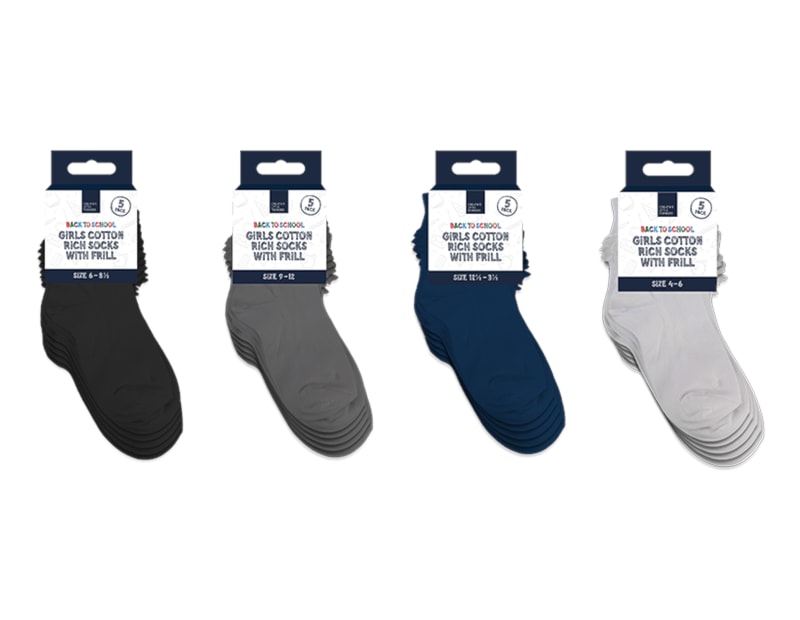 Wholesale Girls Cotton Rich Socks with Frill 5pk 4 asstd sizes Wholesale Girls Cotton Rich Socks with Frill 5pk 4 asstd sizes