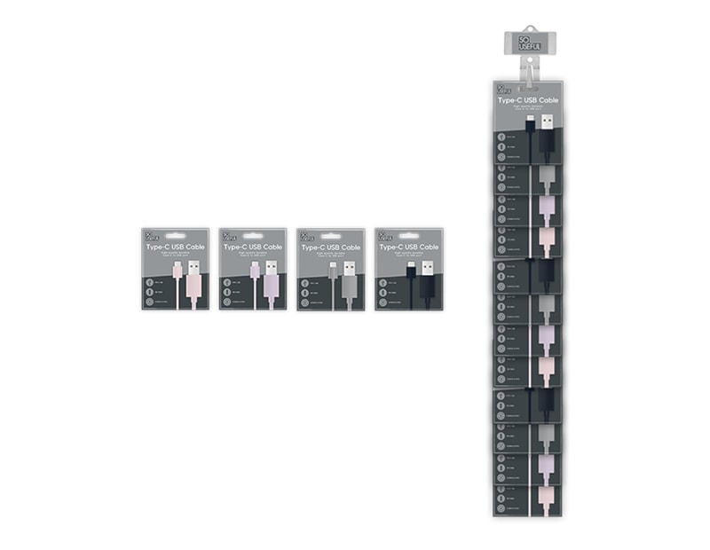 Wholesale Type-C USB Cable 1m Coloured With Clip Strip Wholesale Type-C USB Cable 1m Coloured With Clip Strip