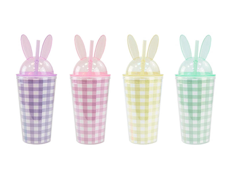 Wholesale Easter Gingham Bunny Cup & Straw 450ml