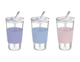Wholesale Glass Cup With Ribbed Sleeve And Straw 450ml Wholesale Glass Cup With Ribbed Sleeve And Straw 450ml