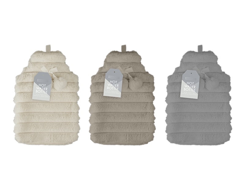 Wholesale Faux Fur Ribbed Hot Water Bottle With Pom Poms 1.7L