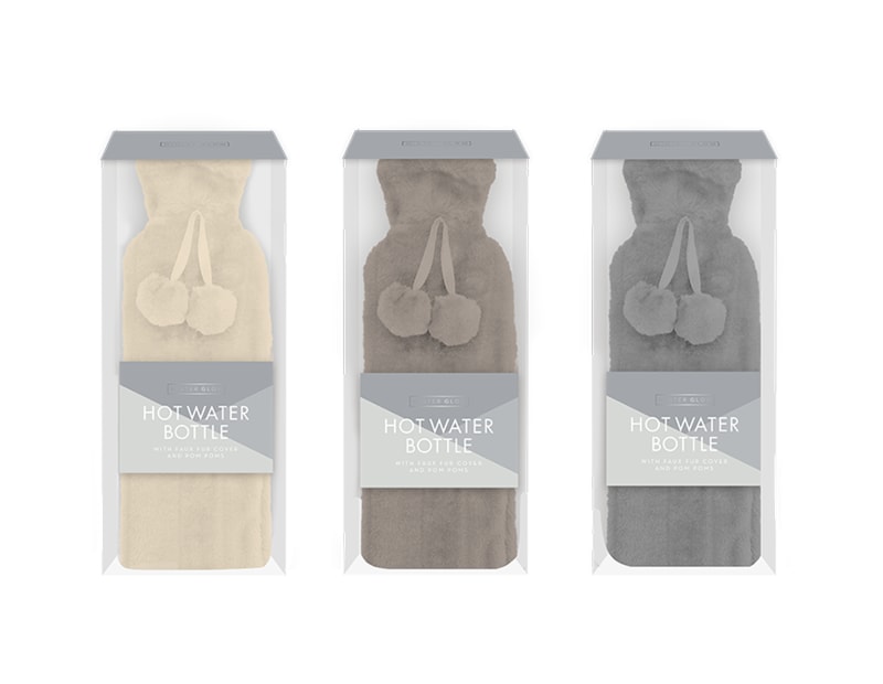 Wholesale Faux Fur Hot Water Bottle With Pom Poms 1.7L