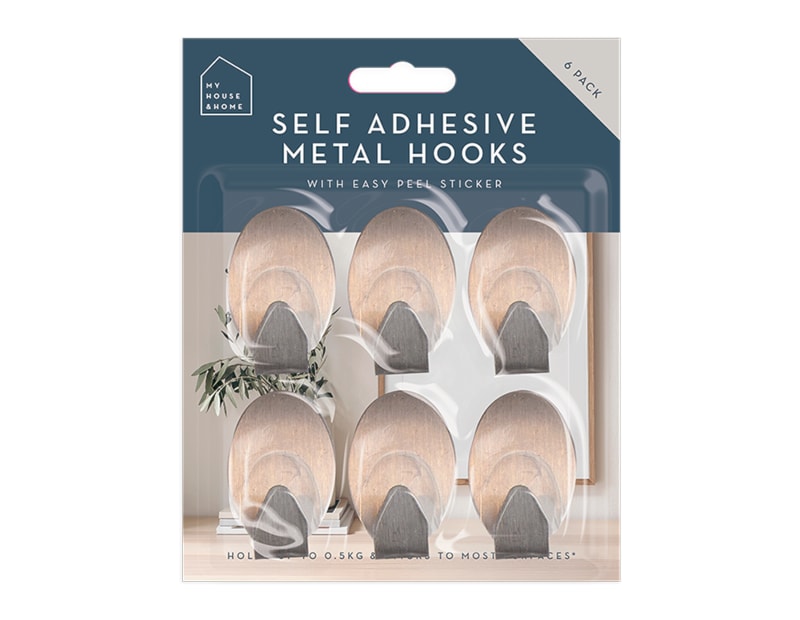 Wholesale Metal Self-Adhesive Hooks 6pk