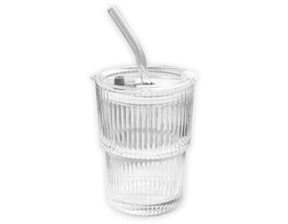 Wholesale Ribbed Glass Cup With Straw & Lid 360ml Wholesale Ribbed Glass Cup With Straw & Lid 360ml