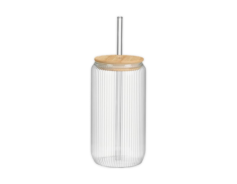 Wholesale Ribbed Glass Cup With Straw & Bamboo Lid 450ml