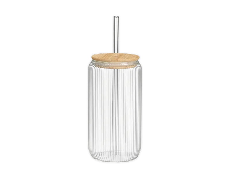 Wholesale Ribbed Glass Cup With Straw & Bamboo Lid 450ml Wholesale Ribbed Glass Cup With Straw & Bamboo Lid 450ml