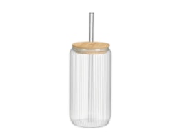 Wholesale Ribbed Glass Cup With Straw & Bamboo Lid 450ml