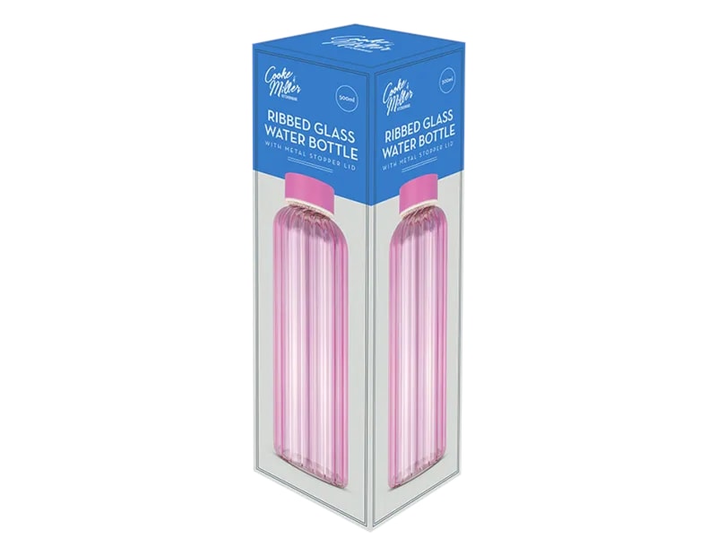 Pink Ribbed Glass Water Bottle 500ml Pink Ribbed Glass Water Bottle 500ml