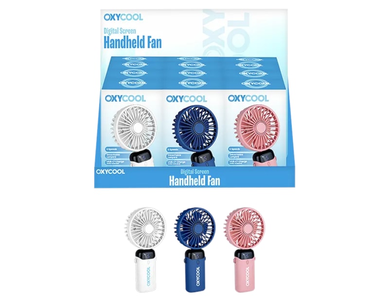 Wholesale Digital Screen Handheld Fan with Phone Stand 24cm CDU Wholesale Digital Screen Handheld Fan with Phone Stand 24cm CDU