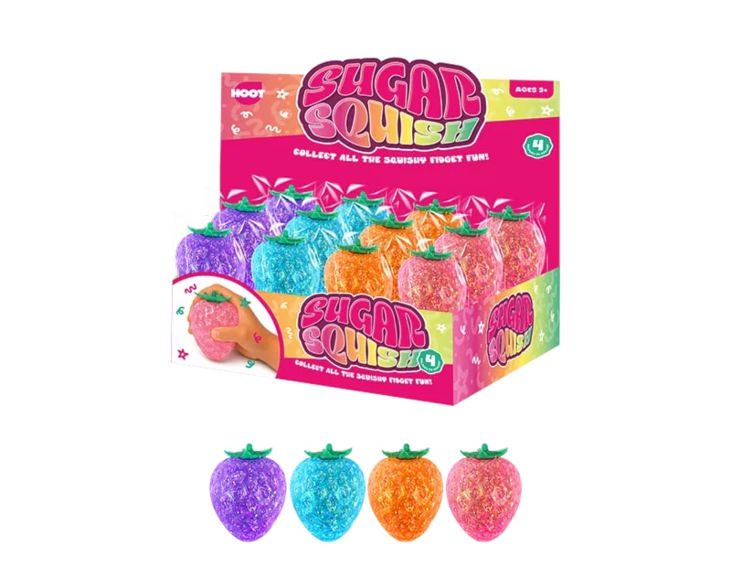 Wholesale Glitter Coloured Strawberry Sugar Filled Squishy 6.5cm CDU Wholesale Glitter Coloured Strawberry Sugar Filled Squishy 6.5cm CDU