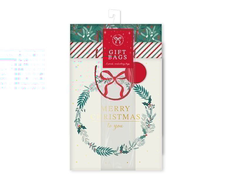 Wholesale Small Traditional Christmas Gift Bags With Tags 3pk 23cm X 19cm
