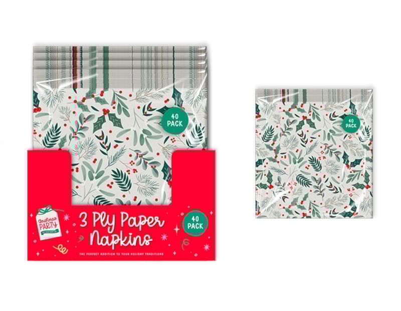 Wholesale Christmas Printed 3 Ply Napkins 40pk CDU