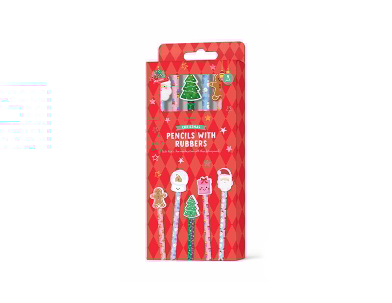 Wholesale Christmas Pencils & Rubbers 5pk Wholesale Christmas Pencils & Rubbers 5pk