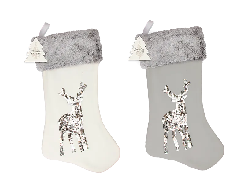 Sequin Reindeer Faux Fur Stocking 45cm x 23cm