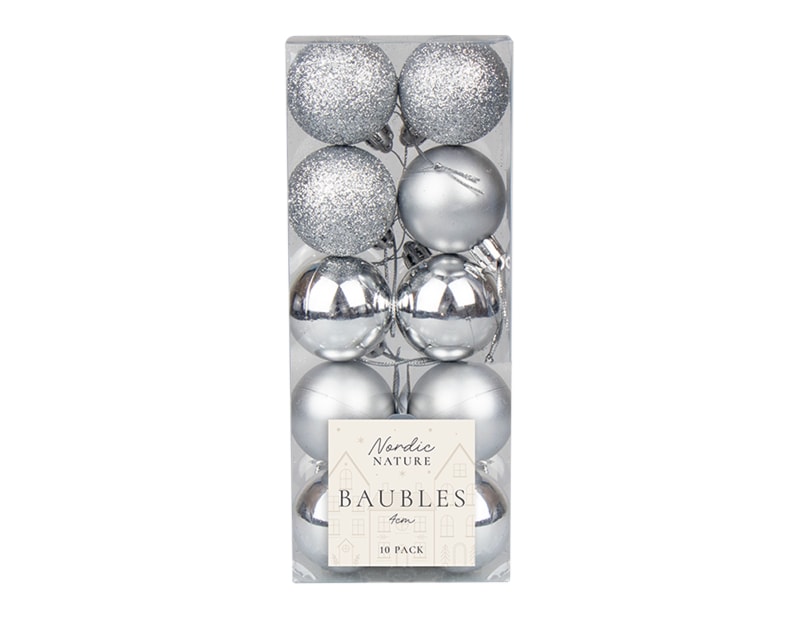 Wholesale Silver Assorted baubles 4cm Dia - 10pk Wholesale Silver Assorted baubles 4cm Dia - 10pk