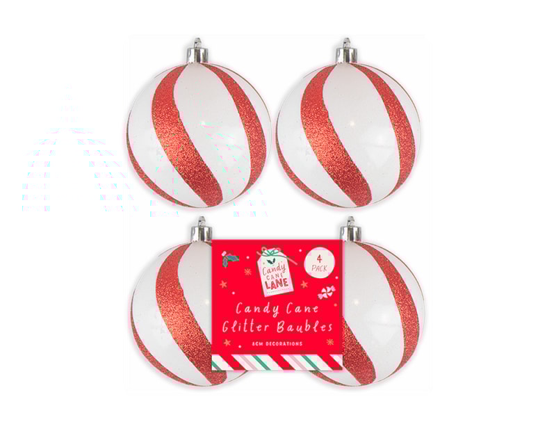 Wholesale Candy Cane Glitter Baubles 4pk Wholesale Candy Cane Glitter Baubles 4pk