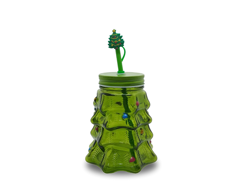 Wholesale Christmas Tree Glass Cup with Straw 550ml