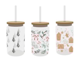 Wholesale Festive Glass Drinking Cup with straw 480ml Wholesale Festive Glass Drinking Cup with straw 480ml