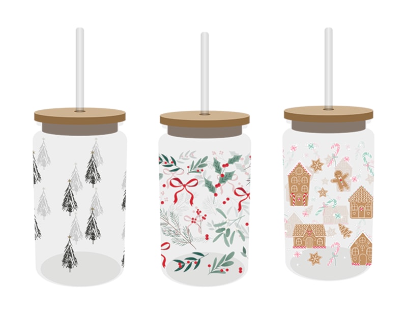 Wholesale Festive Glass Drinking Cup with straw 480ml Wholesale Festive Glass Drinking Cup with straw 480ml