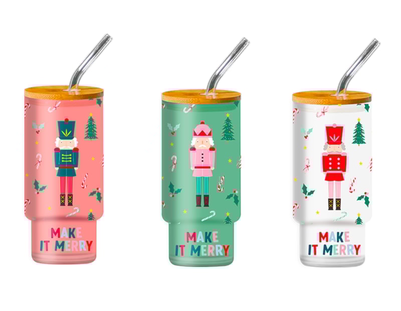 Wholesale Nutcracker Glass Drinking Cup & Straw Wholesale Nutcracker Glass Drinking Cup & Straw