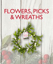 Wholesale Christmas flowers, picks and wreaths.