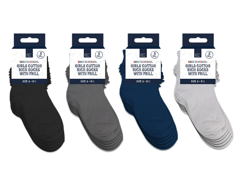 Wholesale Girls Cotton Rich Socks with Frill 5pk 4 asstd sizes