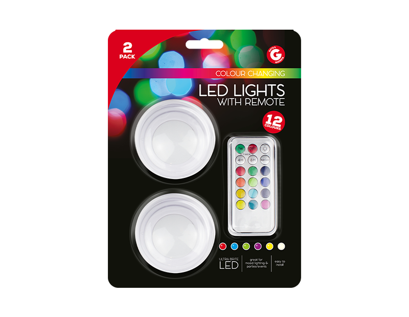 Remote Control Colour Changing LED Lights - 2 Pack PDQ