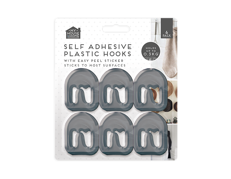 Plastic Self-Adhesive Hooks 6pk