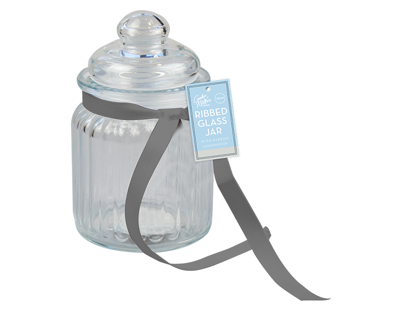 Wholesale Ribbed Glass Jar with Ribbon 250ml