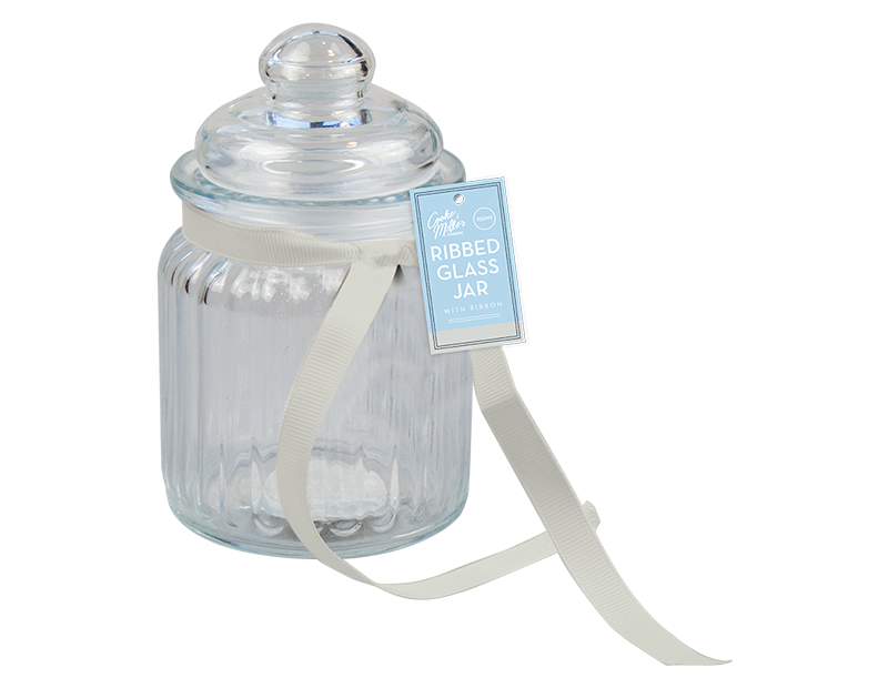Wholesale Ribbed Glass Jar with Ribbon 250ml