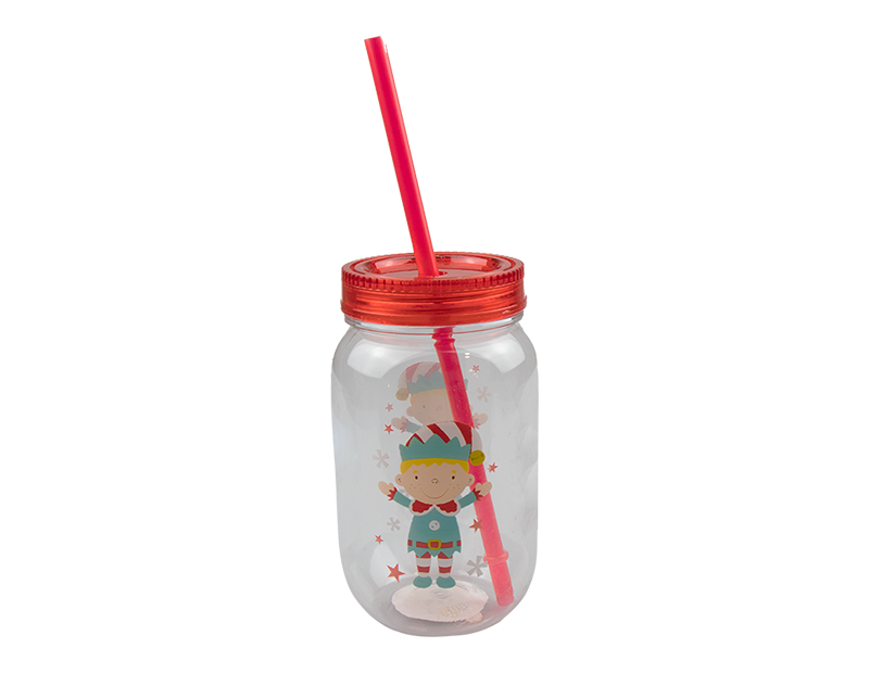 Christmas Mason Drinking Jar & Straw 500ml