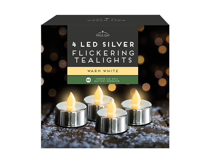 LED Metallic Flickering Tea Lights 4pk PDQ