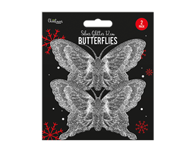 Wholesale Silver Glitter butterfly decoration 2pk
