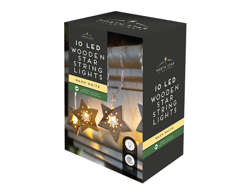 10 LED Wooden Star String Lights 2.1M