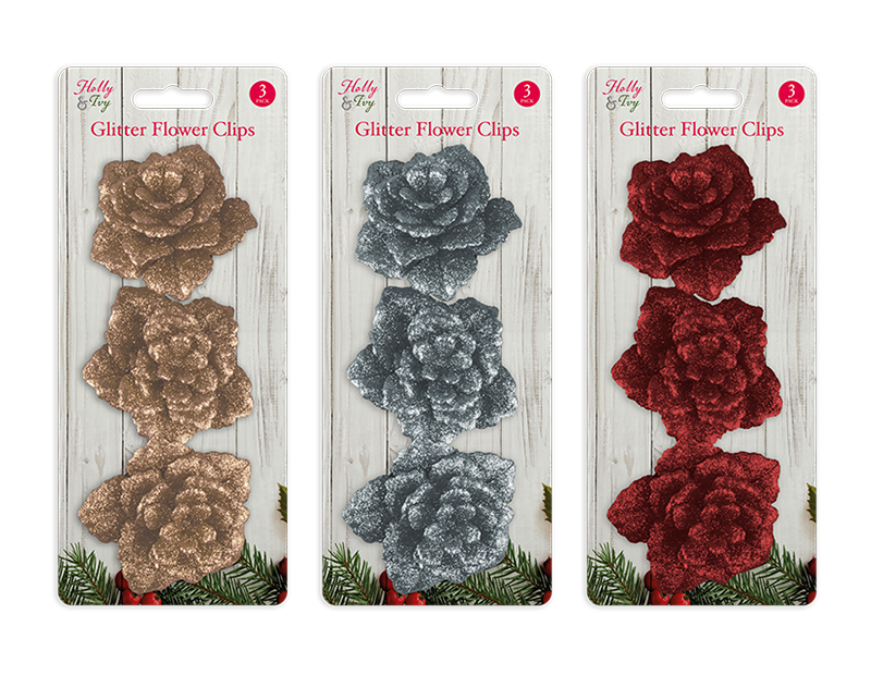 Wholesale 3 glitter flower clips