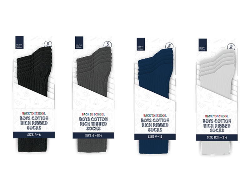 Boys Cotton Rich Ribbed Socks 5pk 4 asstd sizes