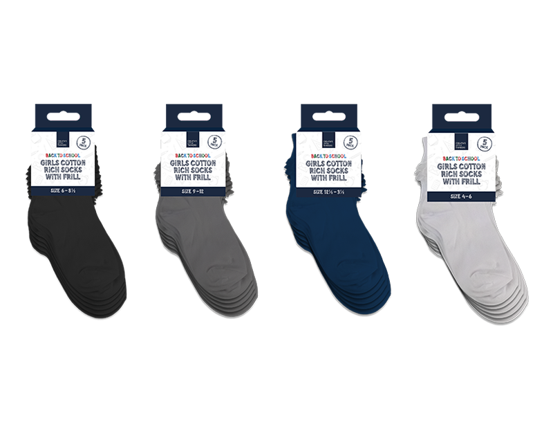 Girls Cotton Rich Socks with Frill 5pk 4 asstd sizes