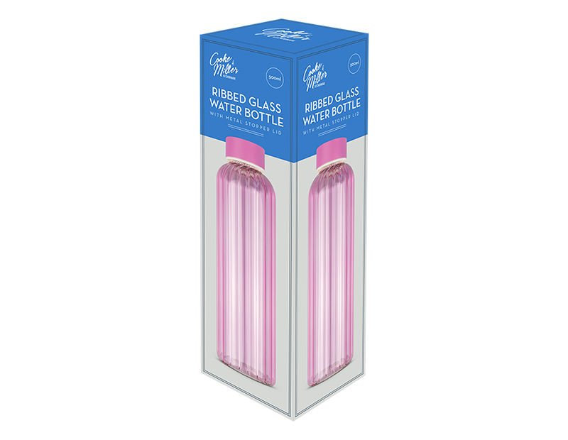 Pink Ribbed Glass Water Bottle 500ml