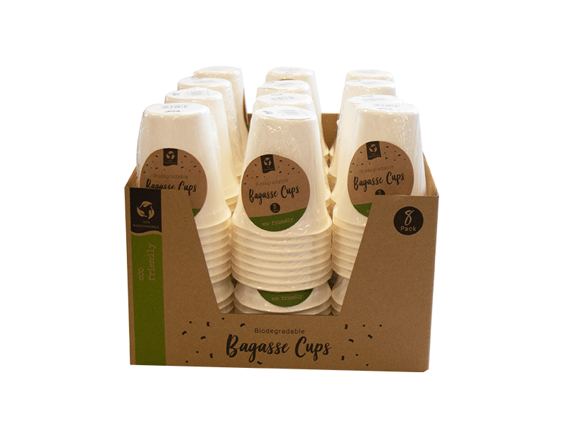 Biodegradable Bagasse Cups - 8 Pack (with PDQ)