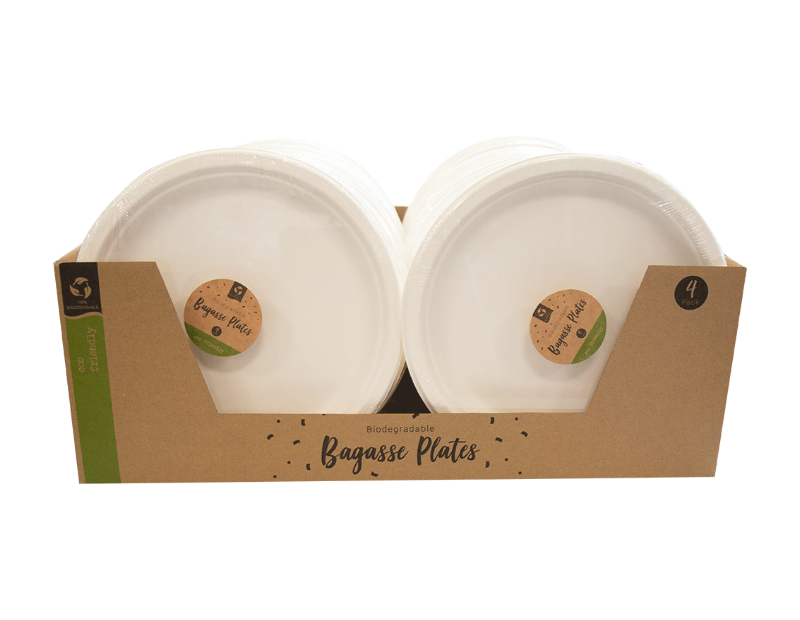 Biodegradable Bagasse Plates 26cm - 4 Pack (With PDQ)