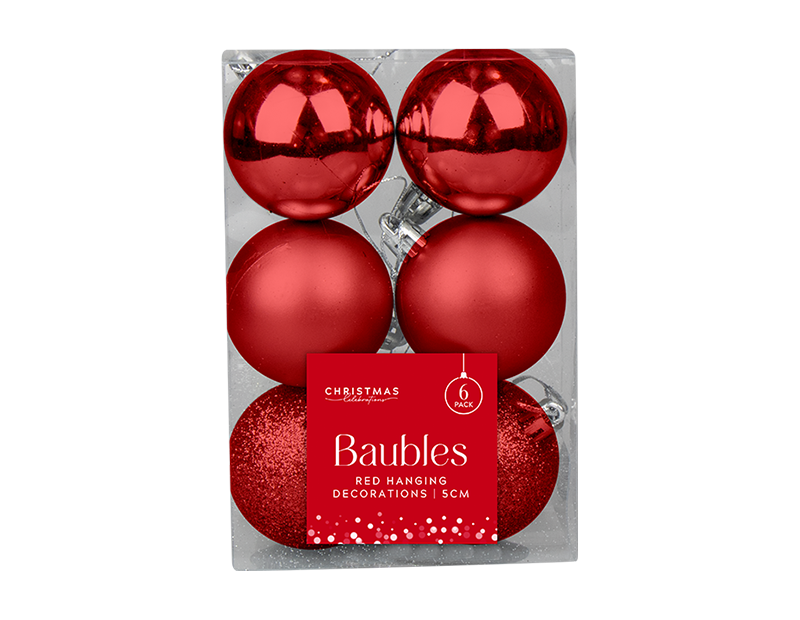 Red Assorted Baubles 5cm Dia - 6pk
