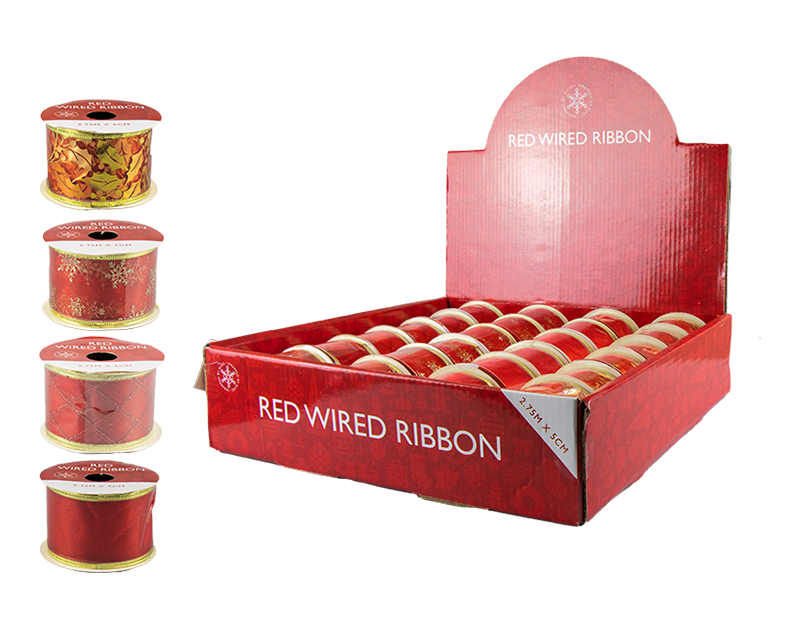 Red Christmas Wired Ribbon 5cm x 2.75m With PDQ