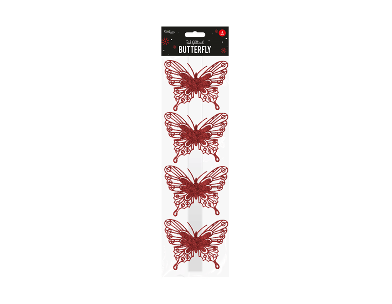 Christmas Red Glittered Butterfly Decorations - 4 Pack