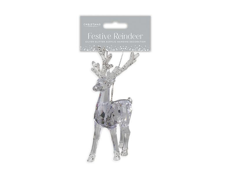 Silver Glitter Acrylic Reindeer Decoration 14.5cm