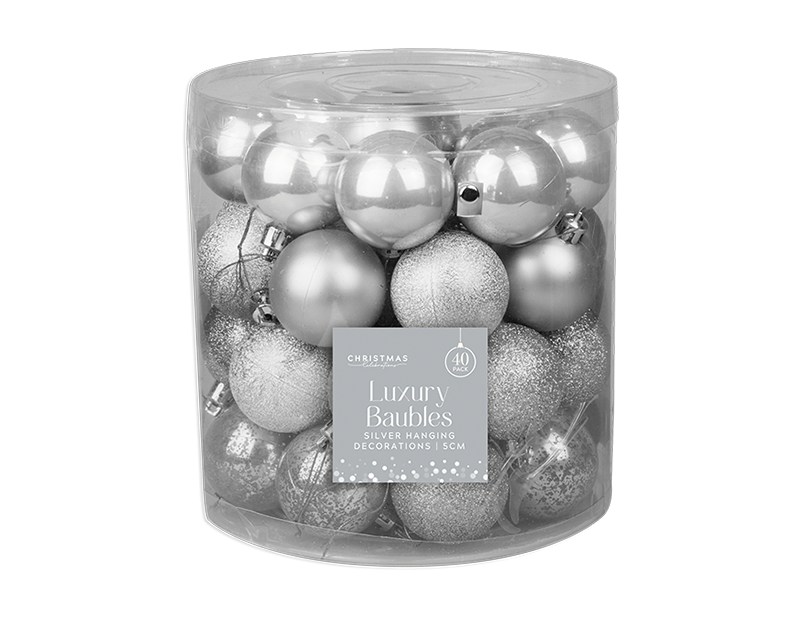 Silver Luxury Assorted Baubles 5cm Dia - 40pk