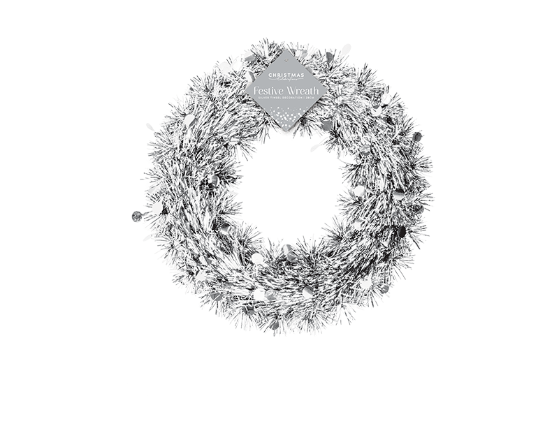 Silver Tinsel Christmas Wreath 28cm