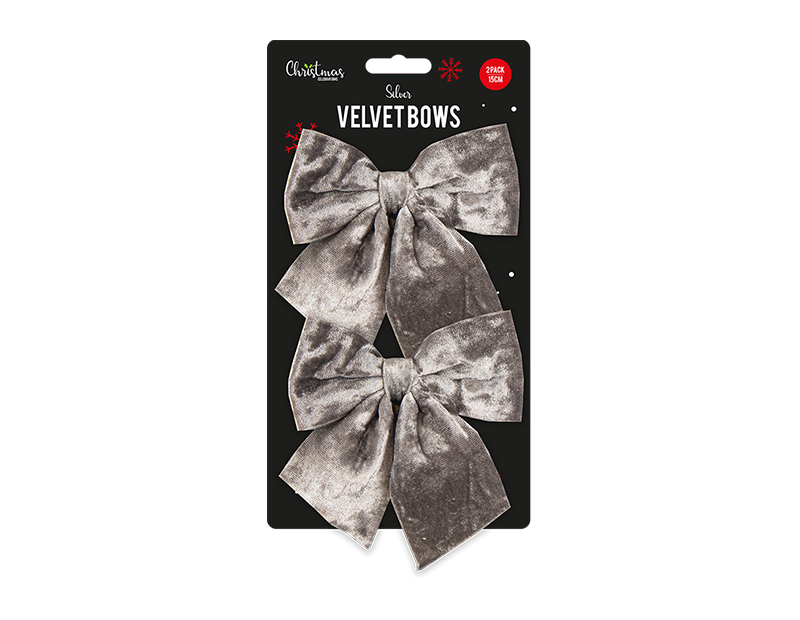 Silver Velvet Bows 15cm 2pk