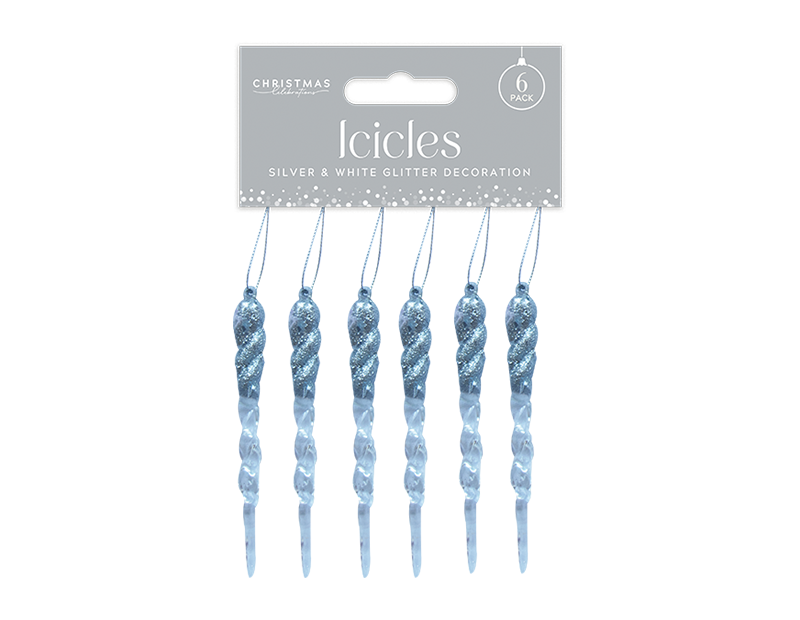 Silver & White Acrylic Glitter Icicles - 6 Pack 13cm x 1cm