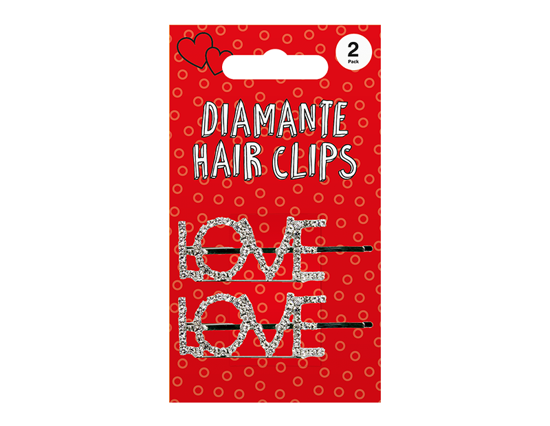 Metal 'Love' Diamante Hair Clips 2pk